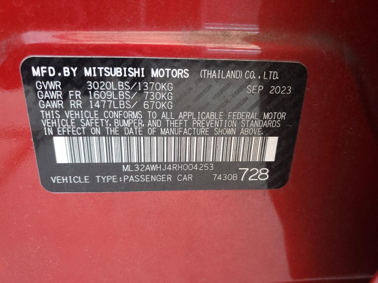 2024 Mitsubishi Mirage Se VIN: ML32AWHJ4RH004253 Lot: 66165414