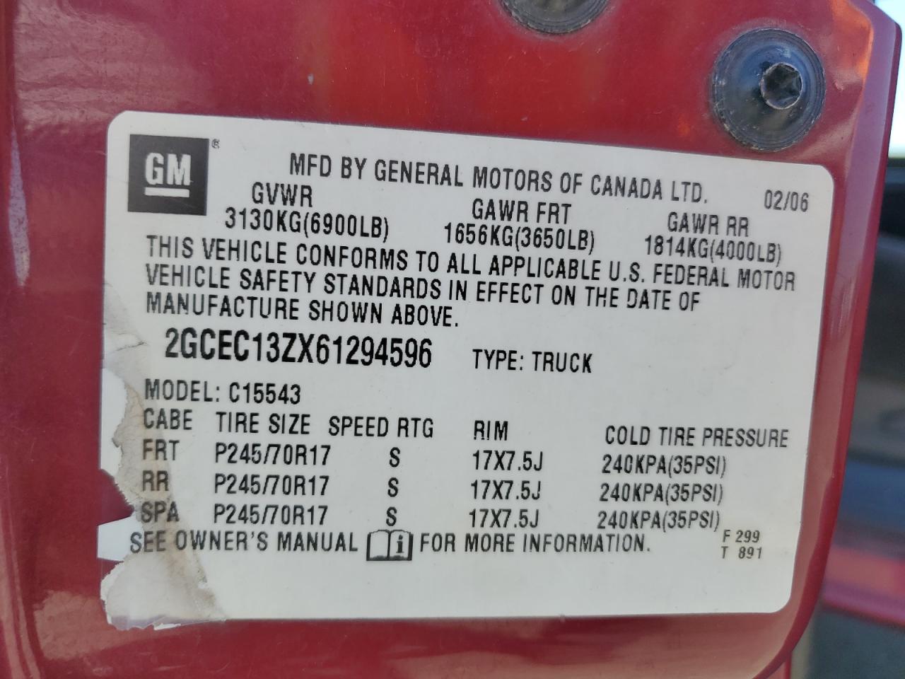 2006 Chevrolet Silverado C1500 VIN: 2GCEC13ZX61294596 Lot: 67913754