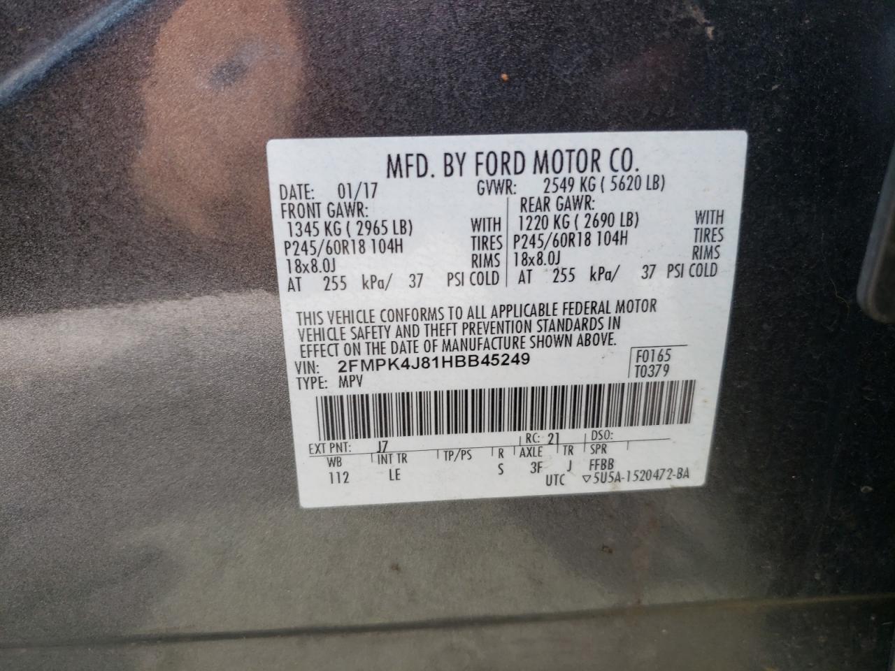 2017 Ford Edge Sel VIN: 2FMPK4J81HBB45249 Lot: 66855274