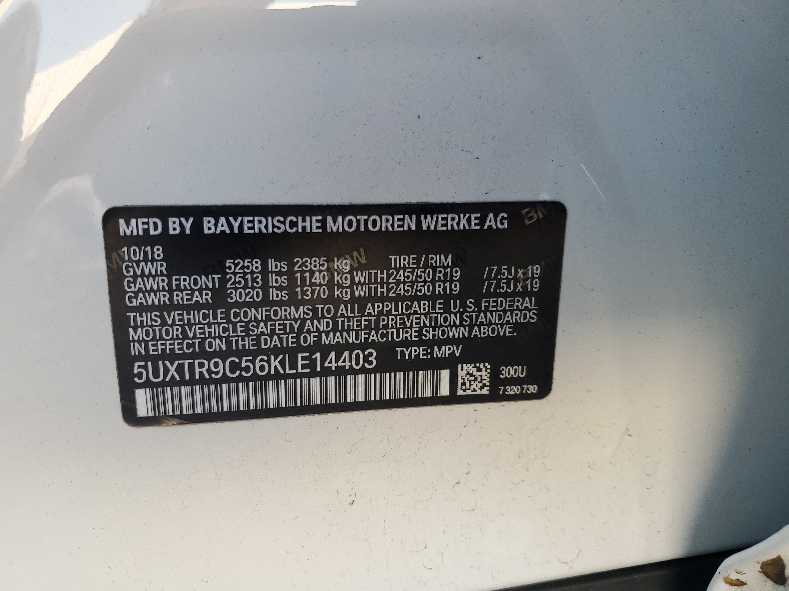 5UXTR9C56KLE14403 2019 BMW X3 xDrive30I