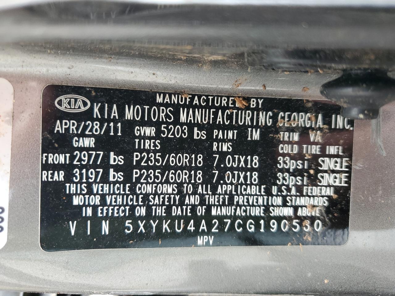 2012 Kia Sorento Ex VIN: 5XYKU4A27CG190530 Lot: 66708634