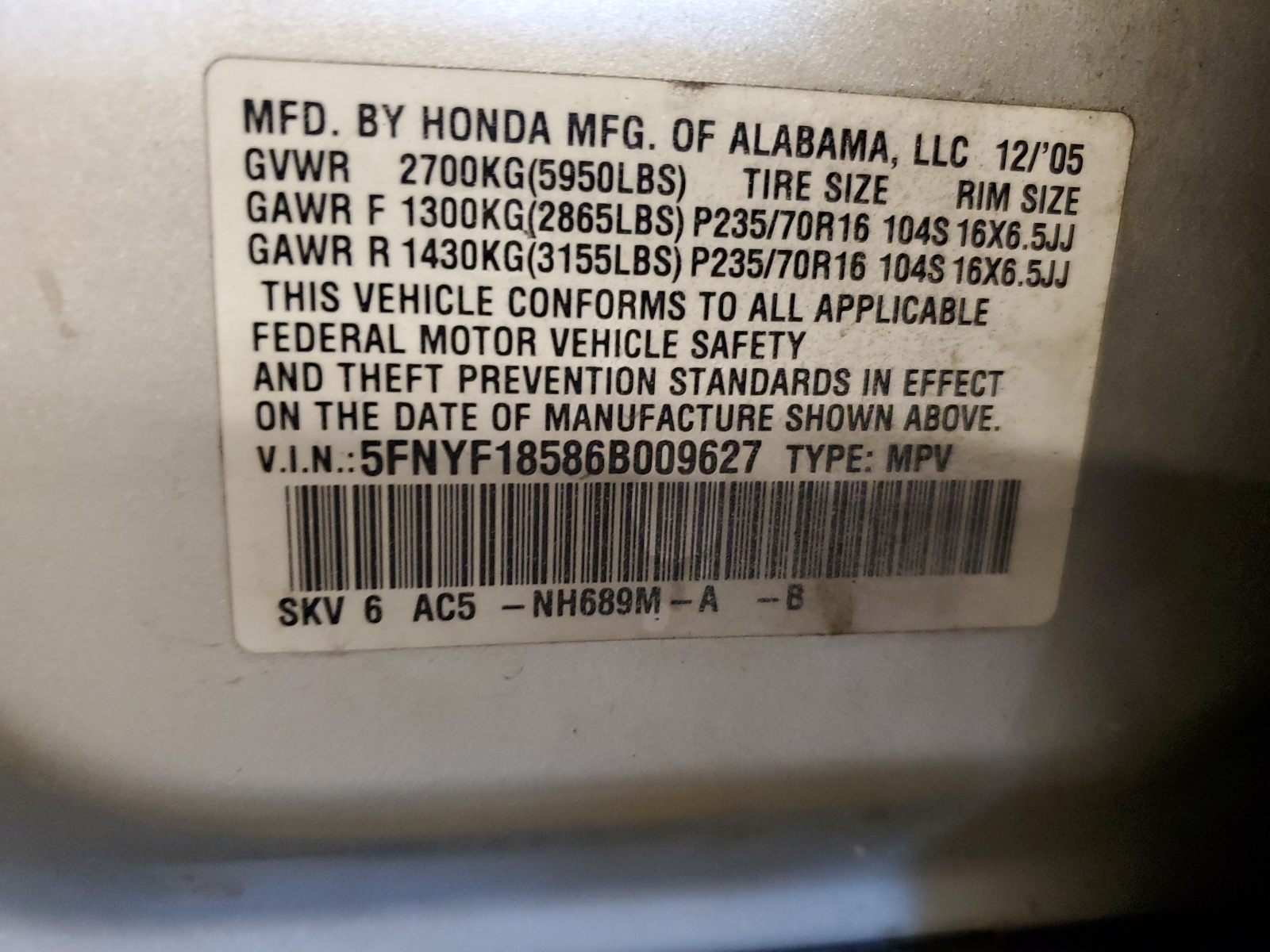 5FNYF18586B009627 2006 Honda Pilot Ex