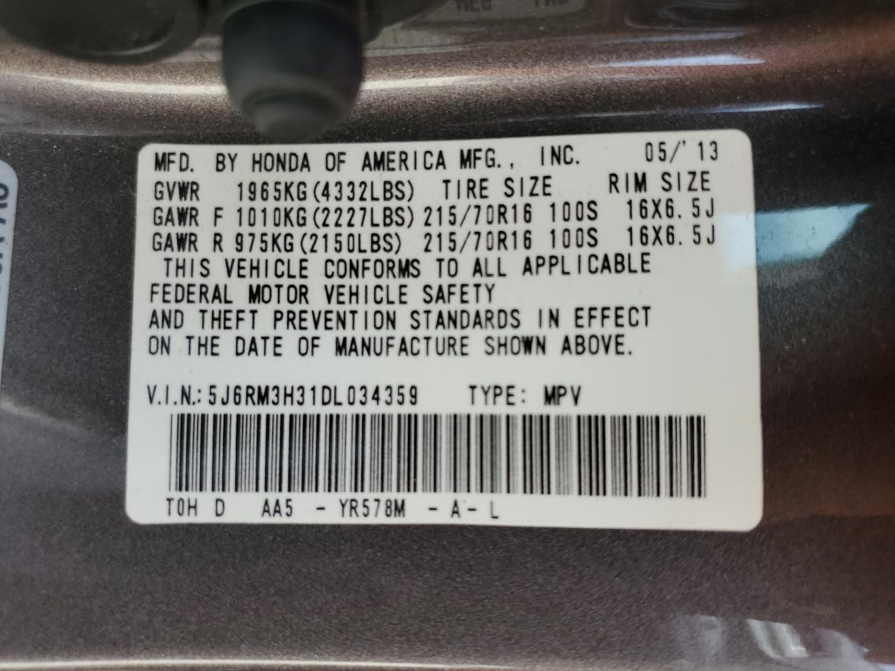 2013 Honda Cr-V Lx VIN: 5J6RM3H31DL034359 Lot: 69033024