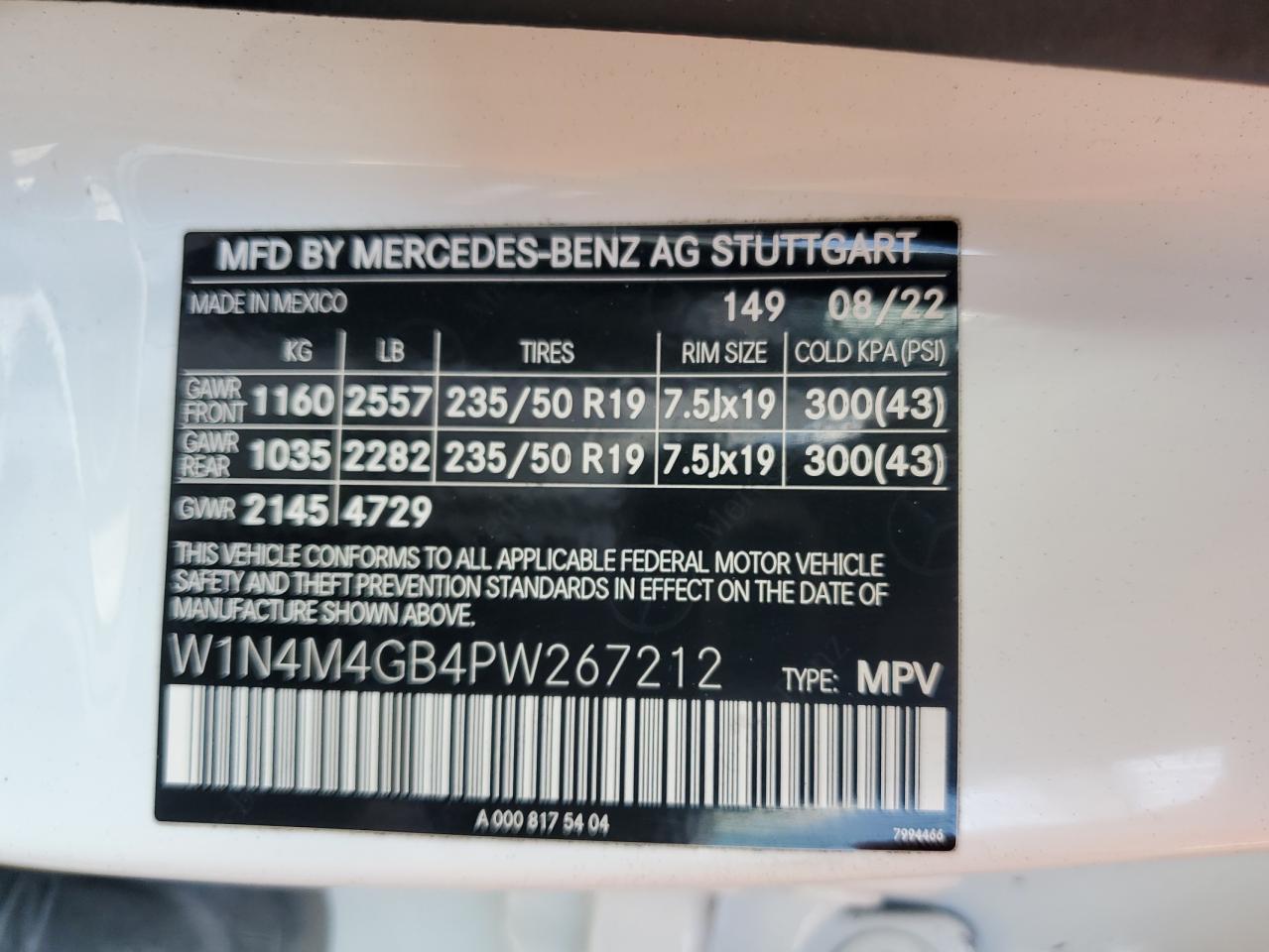 W1N4M4GB4PW267212 2023 Mercedes-Benz Glb 250