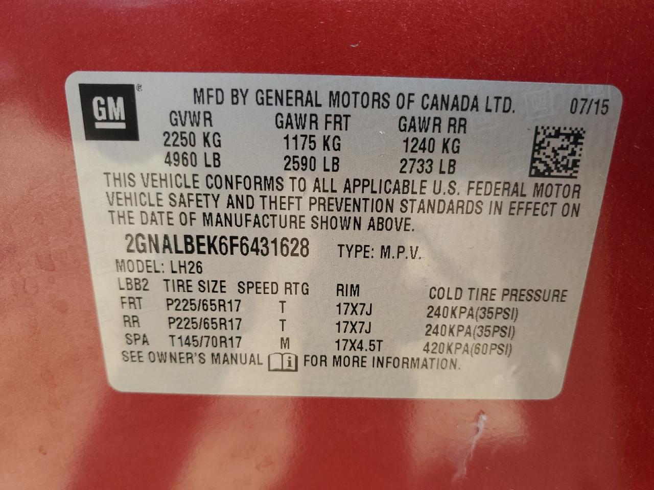 2GNALBEK6F6431628 2015 Chevrolet Equinox Lt