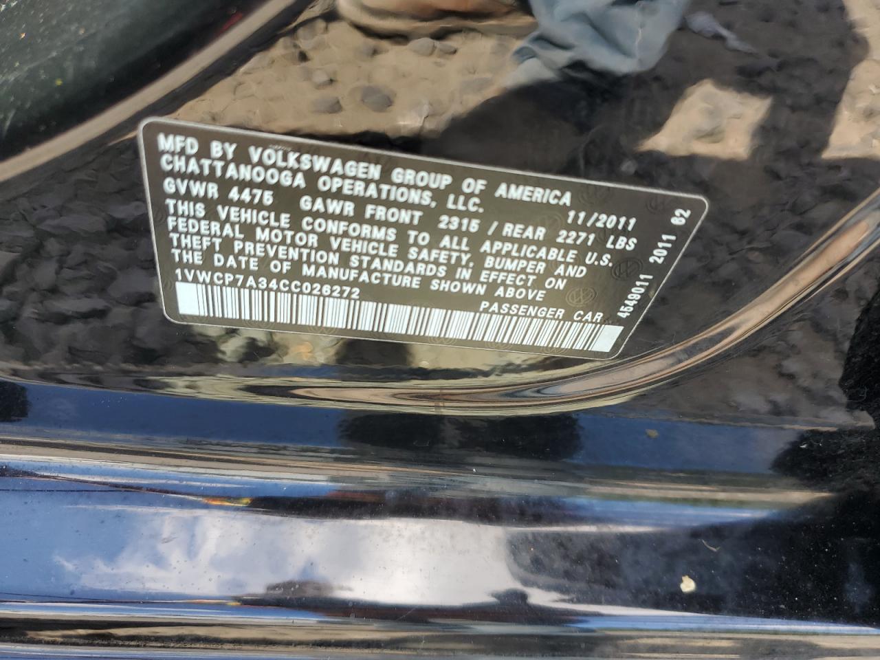 2012 Volkswagen Passat Sel VIN: 1VWCP7A34CC026272 Lot: 67938014