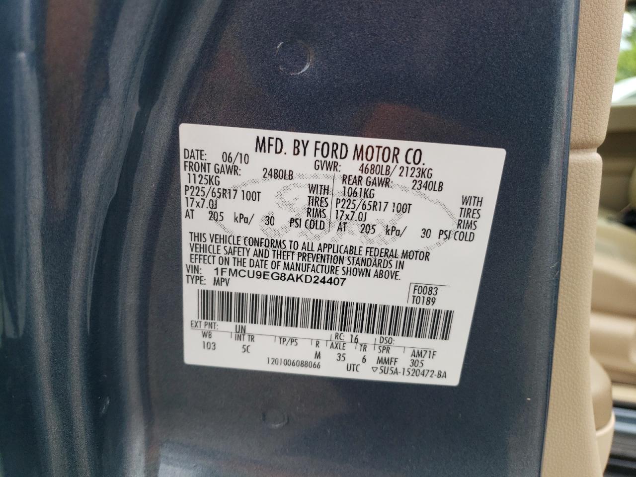 2010 Ford Escape Limited VIN: 1FMCU9EG8AKD24407 Lot: 66604694