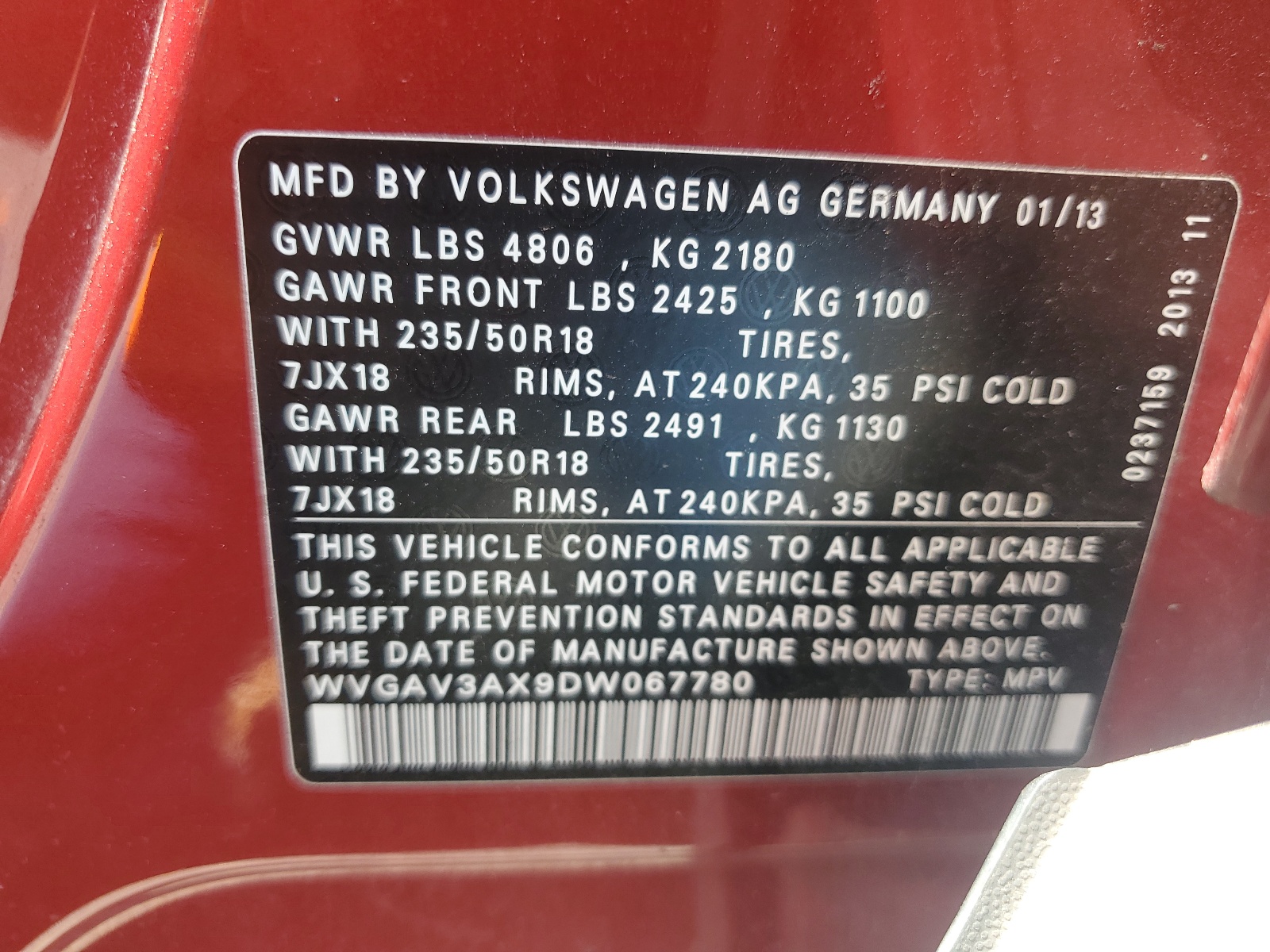 WVGAV3AX9DW067780 2013 Volkswagen Tiguan S