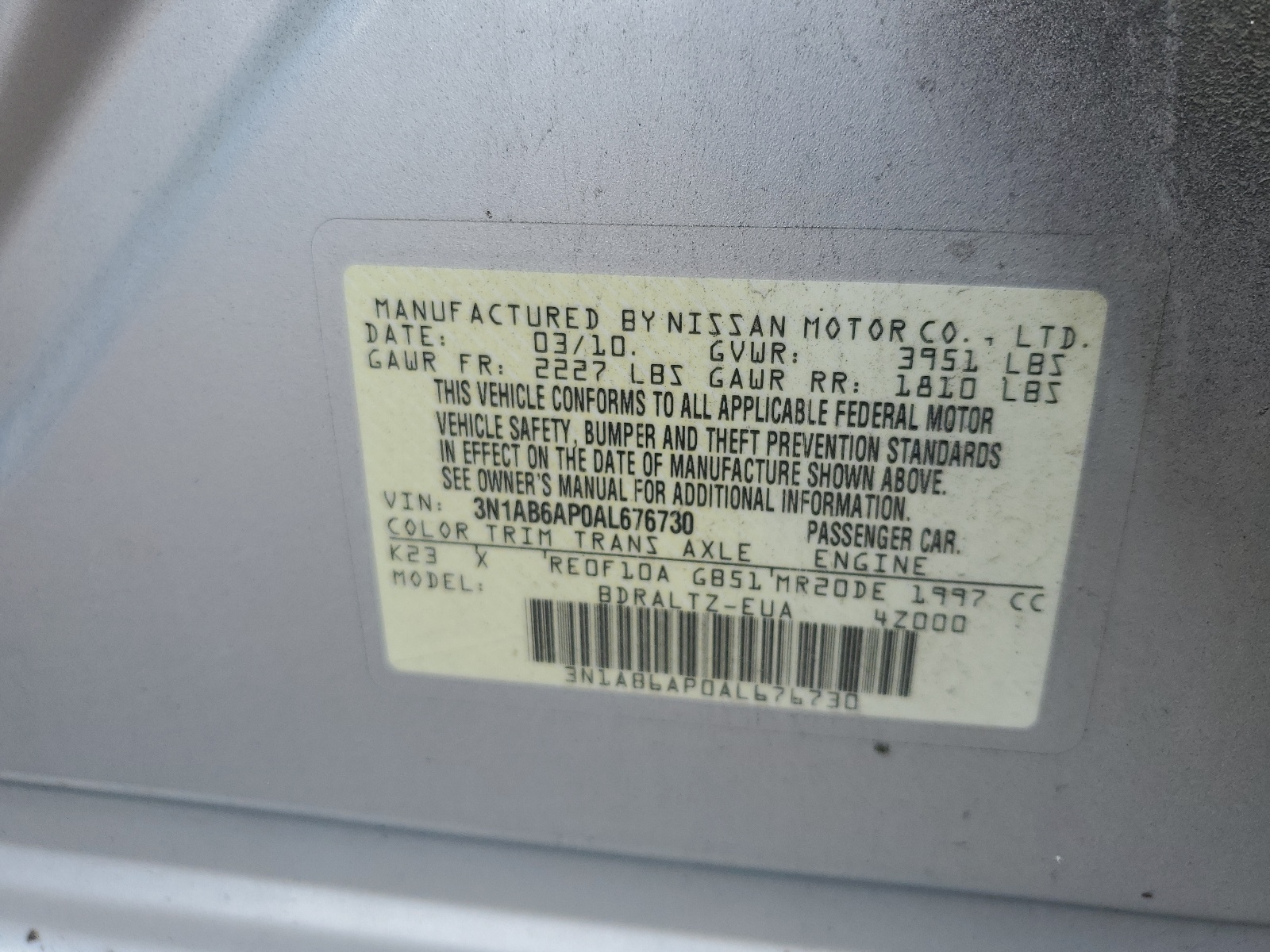 3N1AB6AP0AL676730 2010 Nissan Sentra 2.0