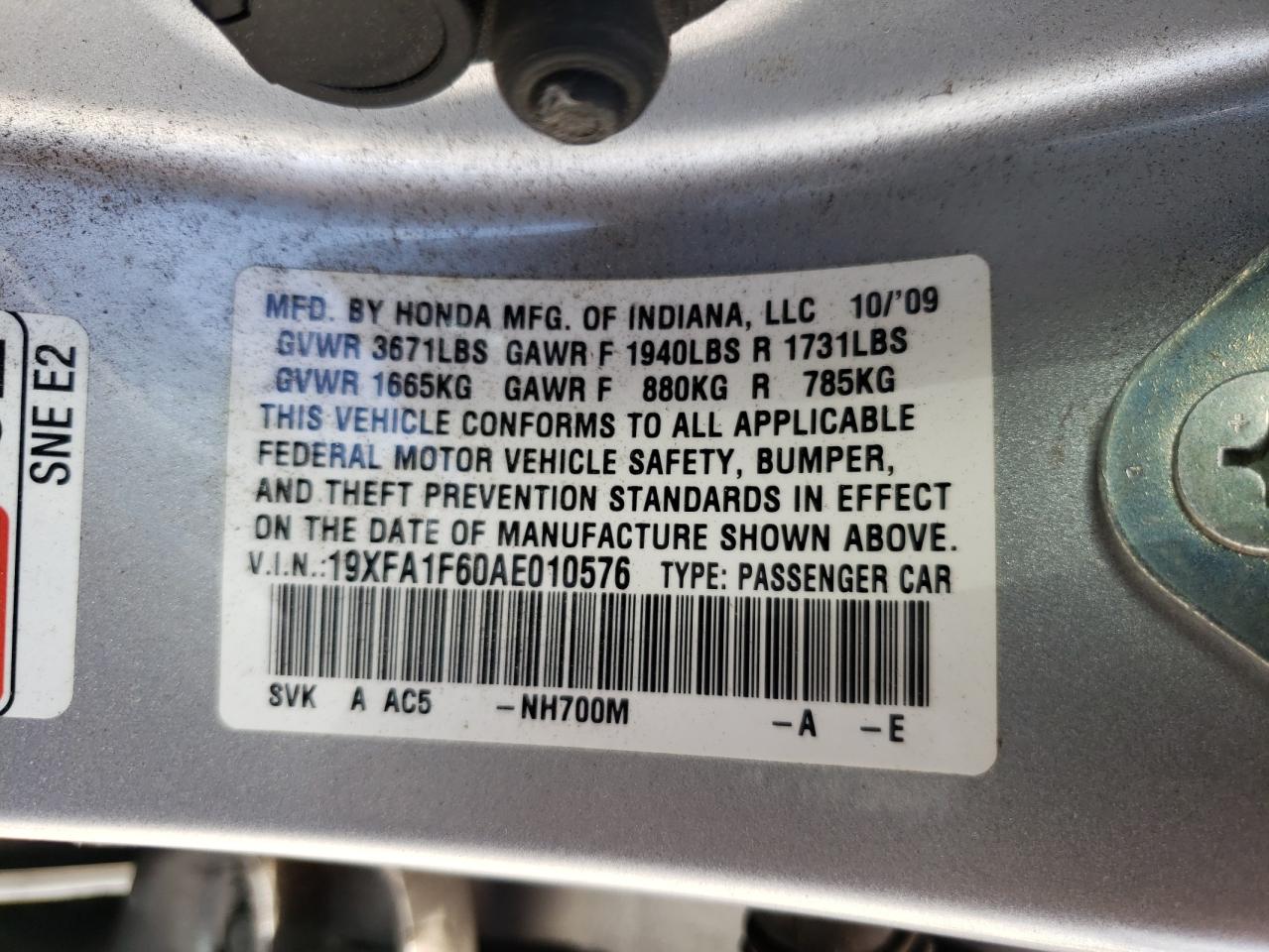 2010 Honda Civic Lx-S VIN: 19XFA1F60AE010576 Lot: 65628034