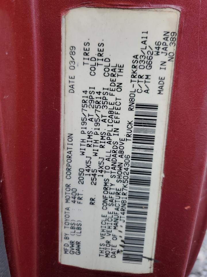 1989 Toyota Pickup 1/2 Ton Short Wheelbase VIN: JT4RN81R7K5024306 Lot: 65955804