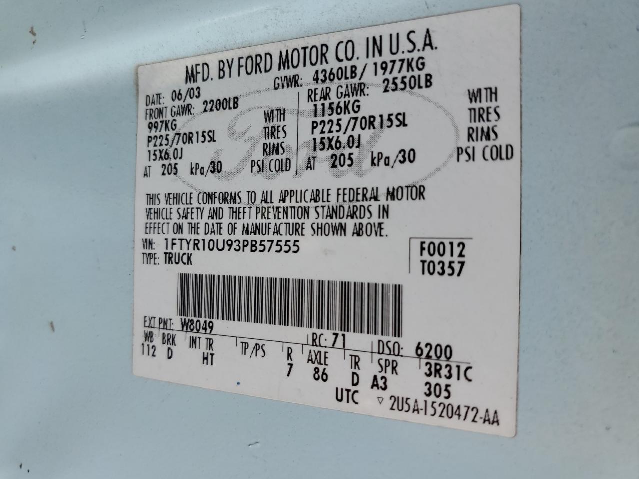 2003 Ford Ranger VIN: 1FTYR10U93PB57555 Lot: 67132084