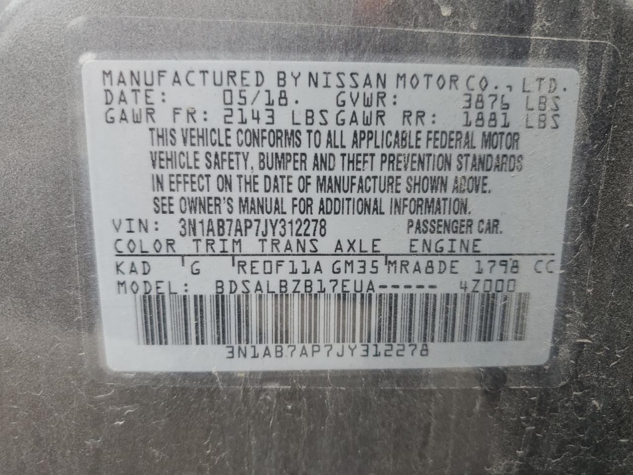 3N1AB7AP7JY312278 2018 Nissan Sentra S