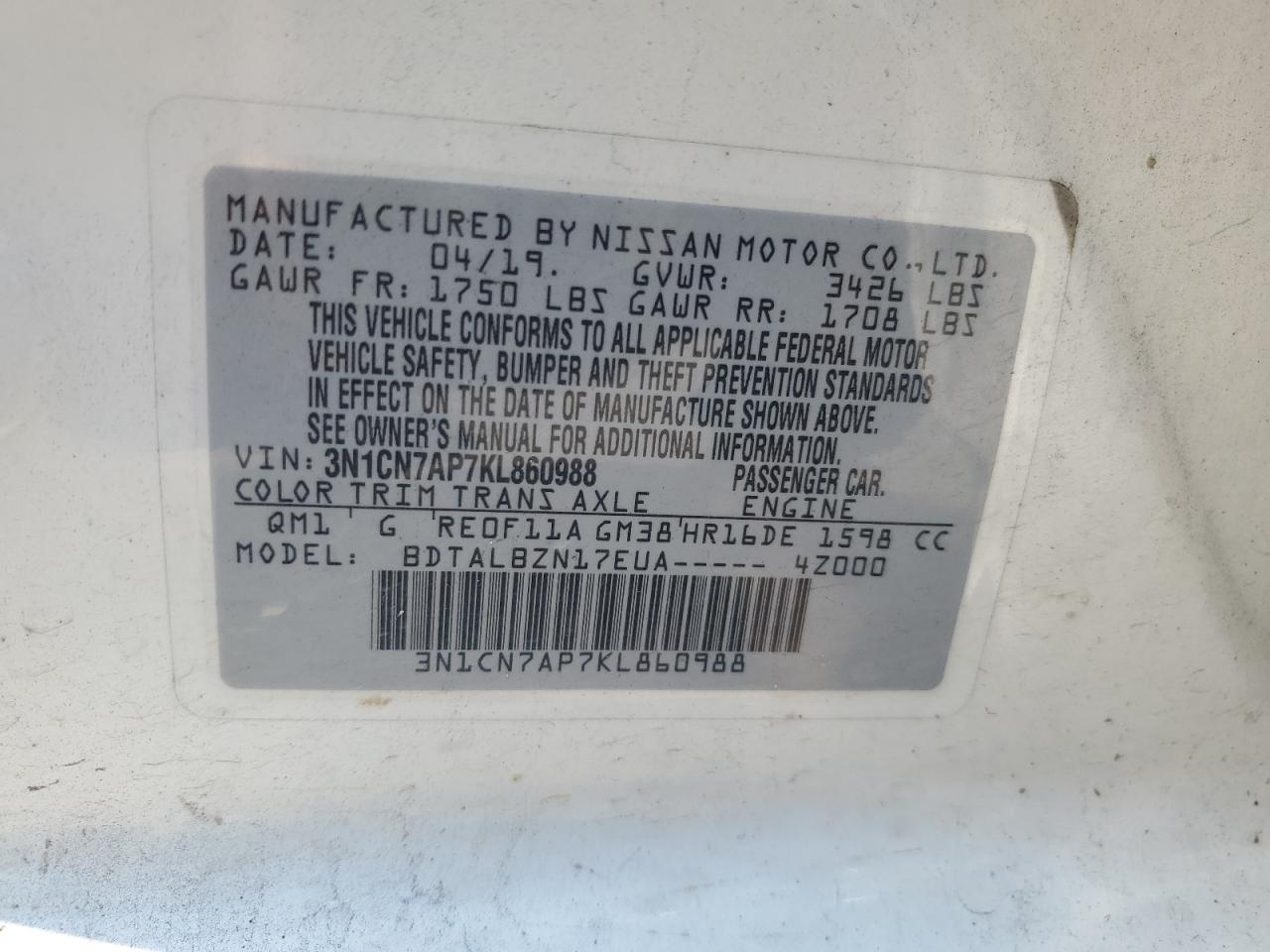 3N1CN7AP7KL860988 2019 Nissan Versa S