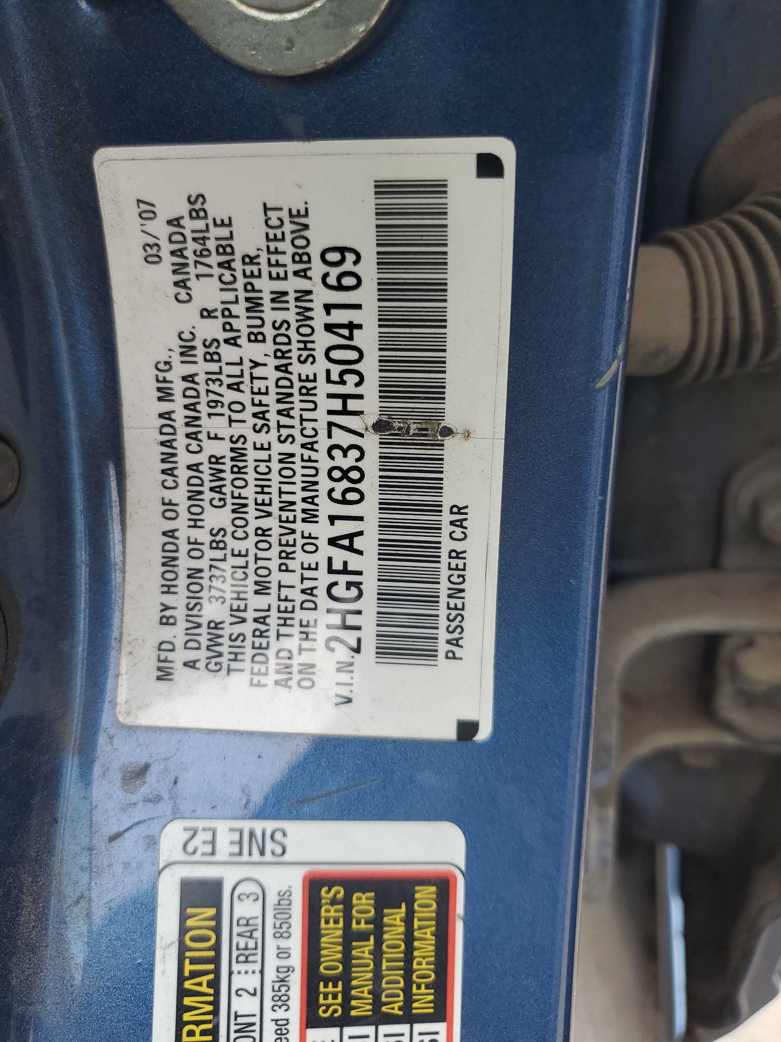 2HGFA16837H504169 2007 Honda Civic Ex