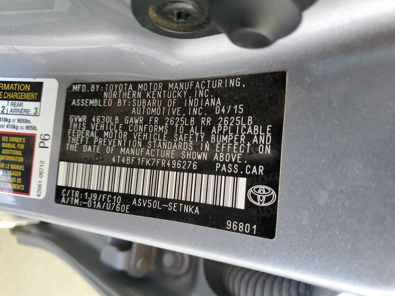 4T4BF1FK7FR496276 2015 Toyota Camry Le