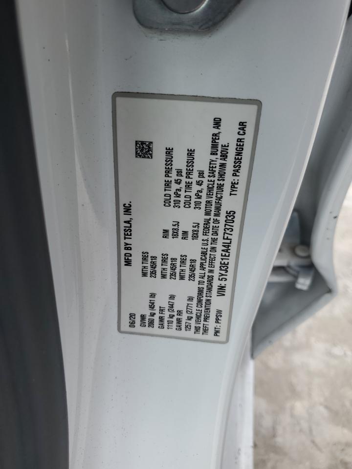 2020 Tesla Model 3 VIN: 5YJ3E1EA4LF737035 Lot: 66596714
