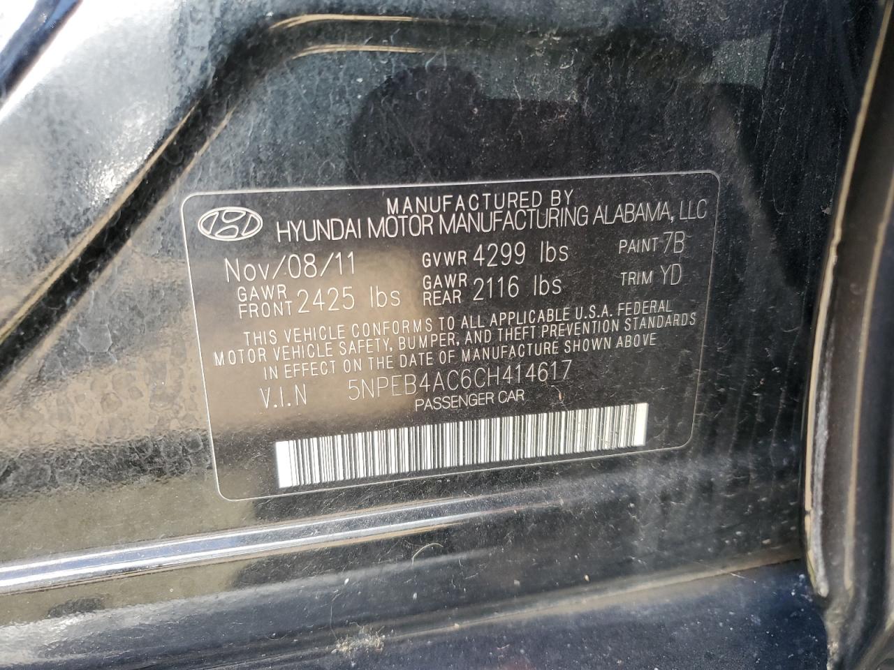 5NPEB4AC6CH414617 2012 Hyundai Sonata Gls