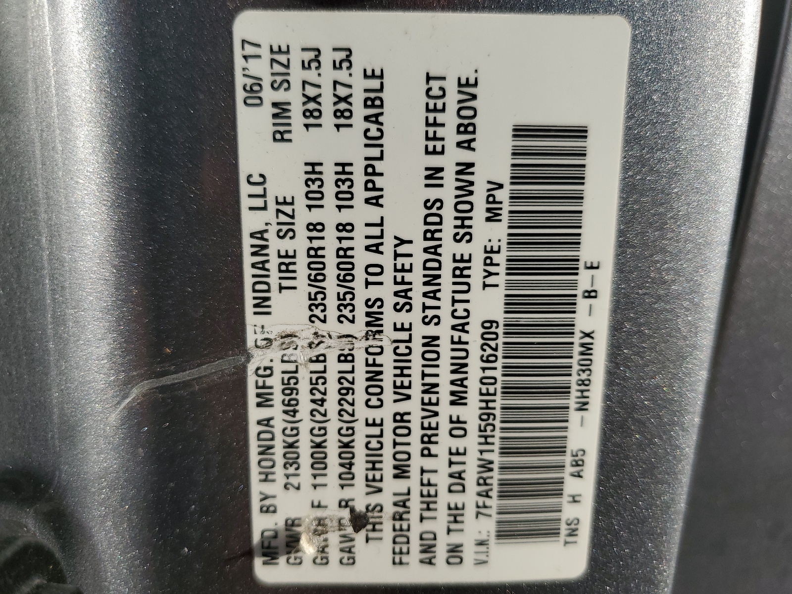 7FARW1H59HE016209 2017 Honda Cr-V Ex