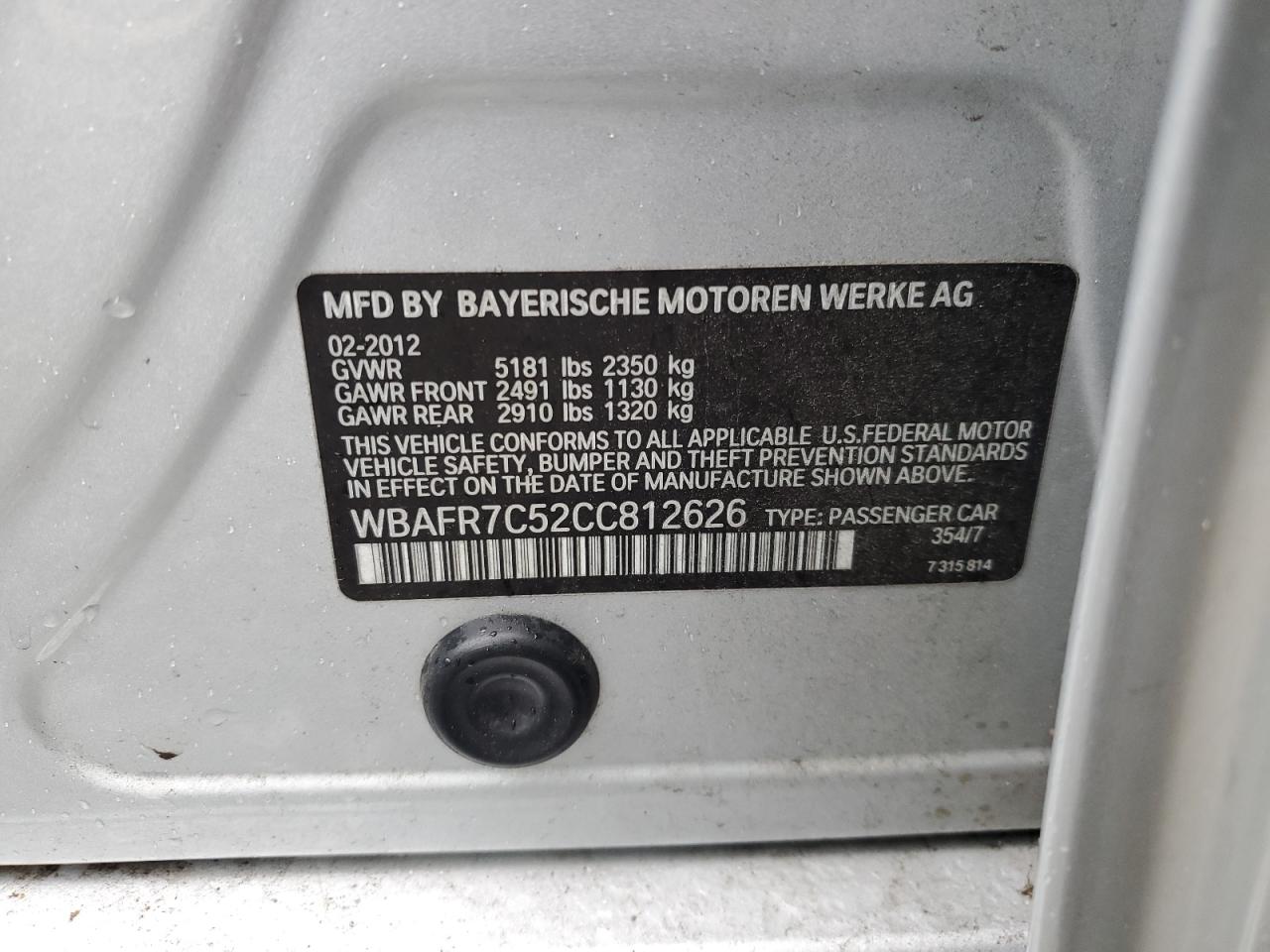 2012 BMW 535 I VIN: WBAFR7C52CC812626 Lot: 66927594