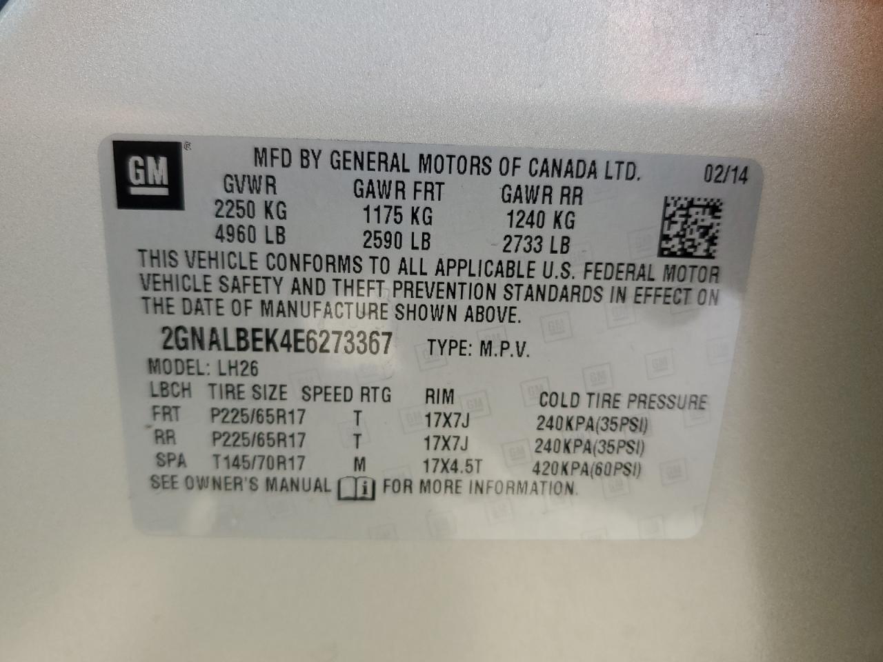 2GNALBEK4E6273367 2014 Chevrolet Equinox Lt