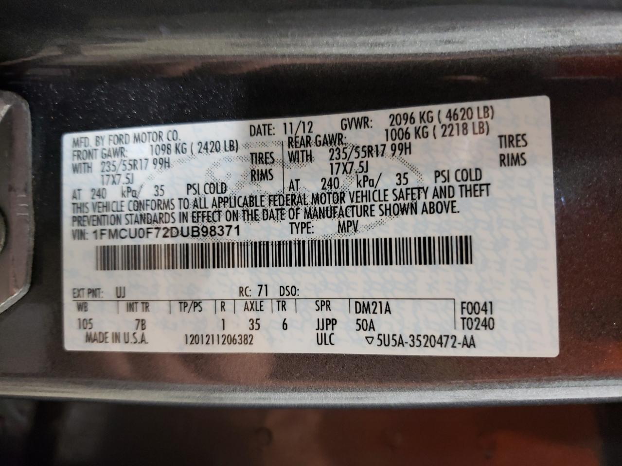 2013 Ford Escape S VIN: 1FMCU0F72DUB98371 Lot: 66670204