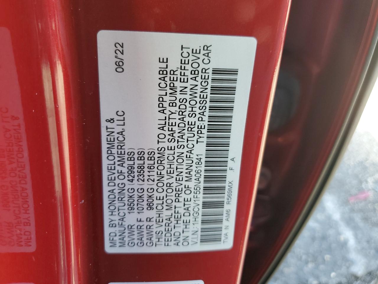 1HGCV1F55NA061841 2022 Honda Accord Exl