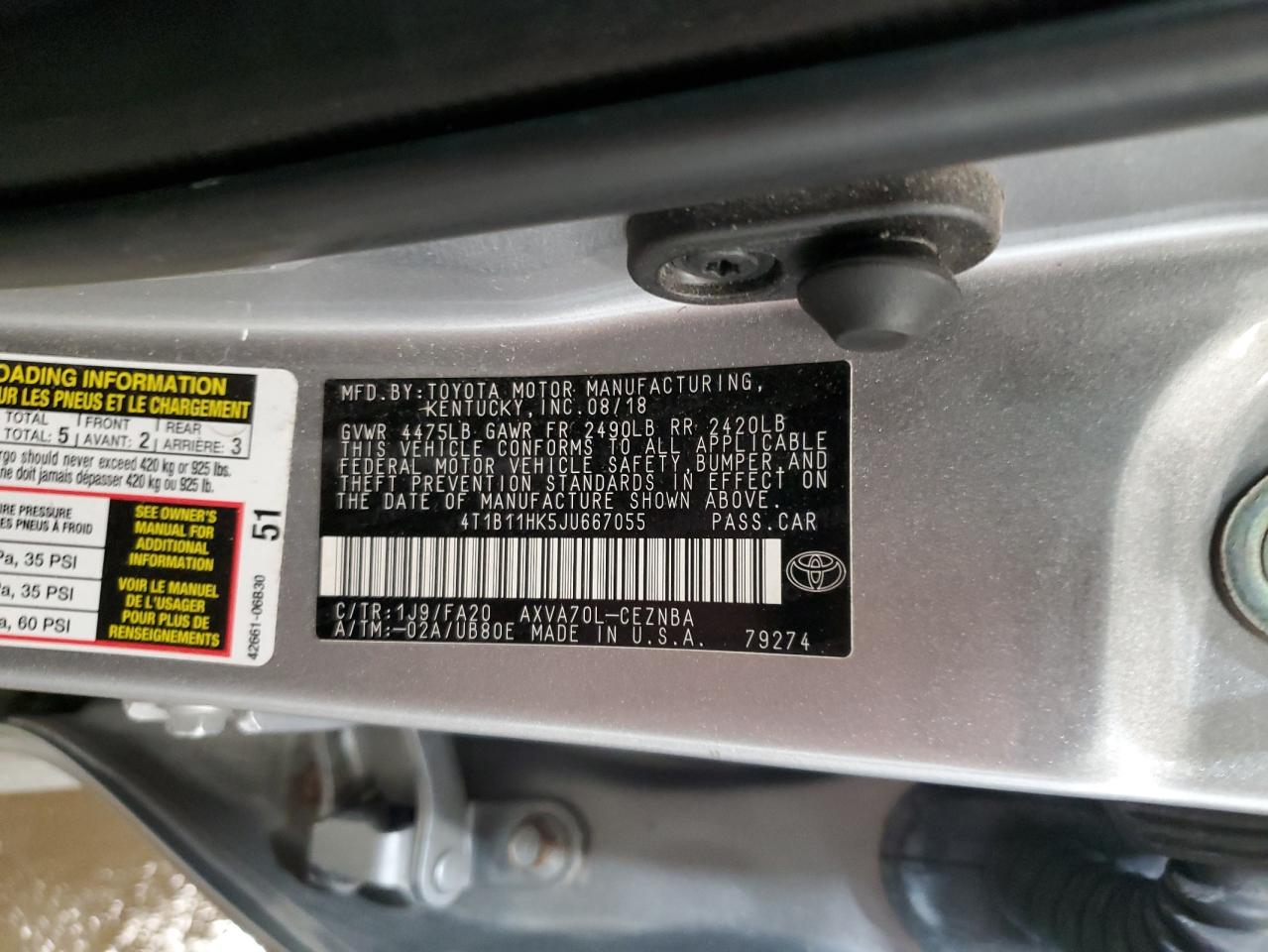 4T1B11HK5JU667055 2018 Toyota Camry L