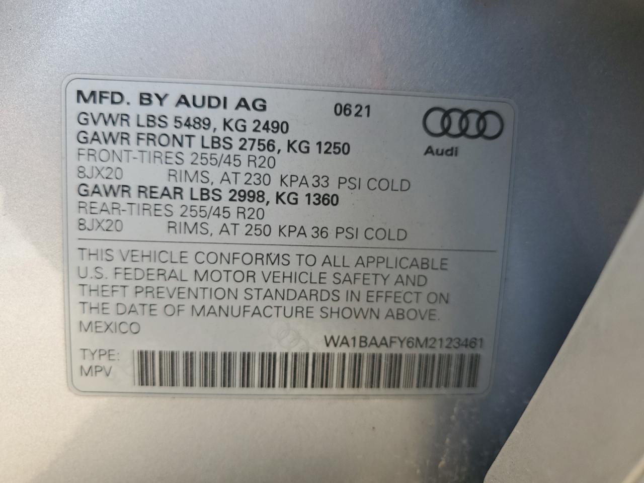 WA1BAAFY6M2123461 2021 Audi Q5 Premium Plus