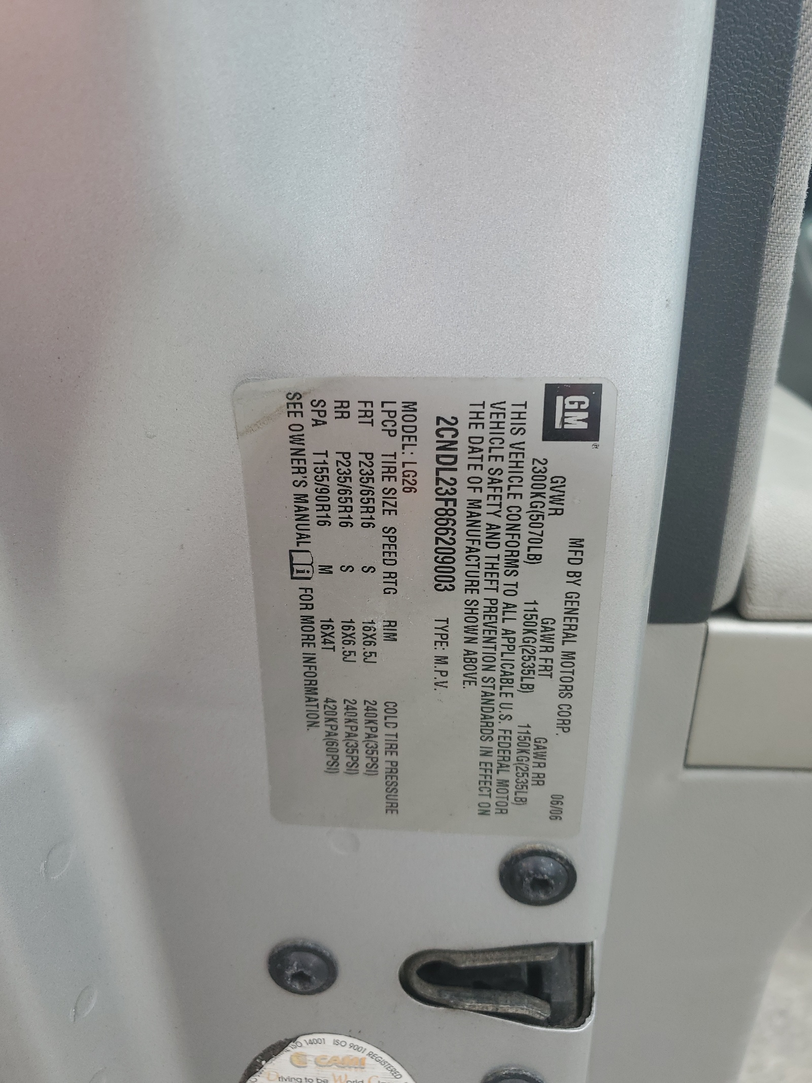 2CNDL23F866209003 2006 Chevrolet Equinox Ls