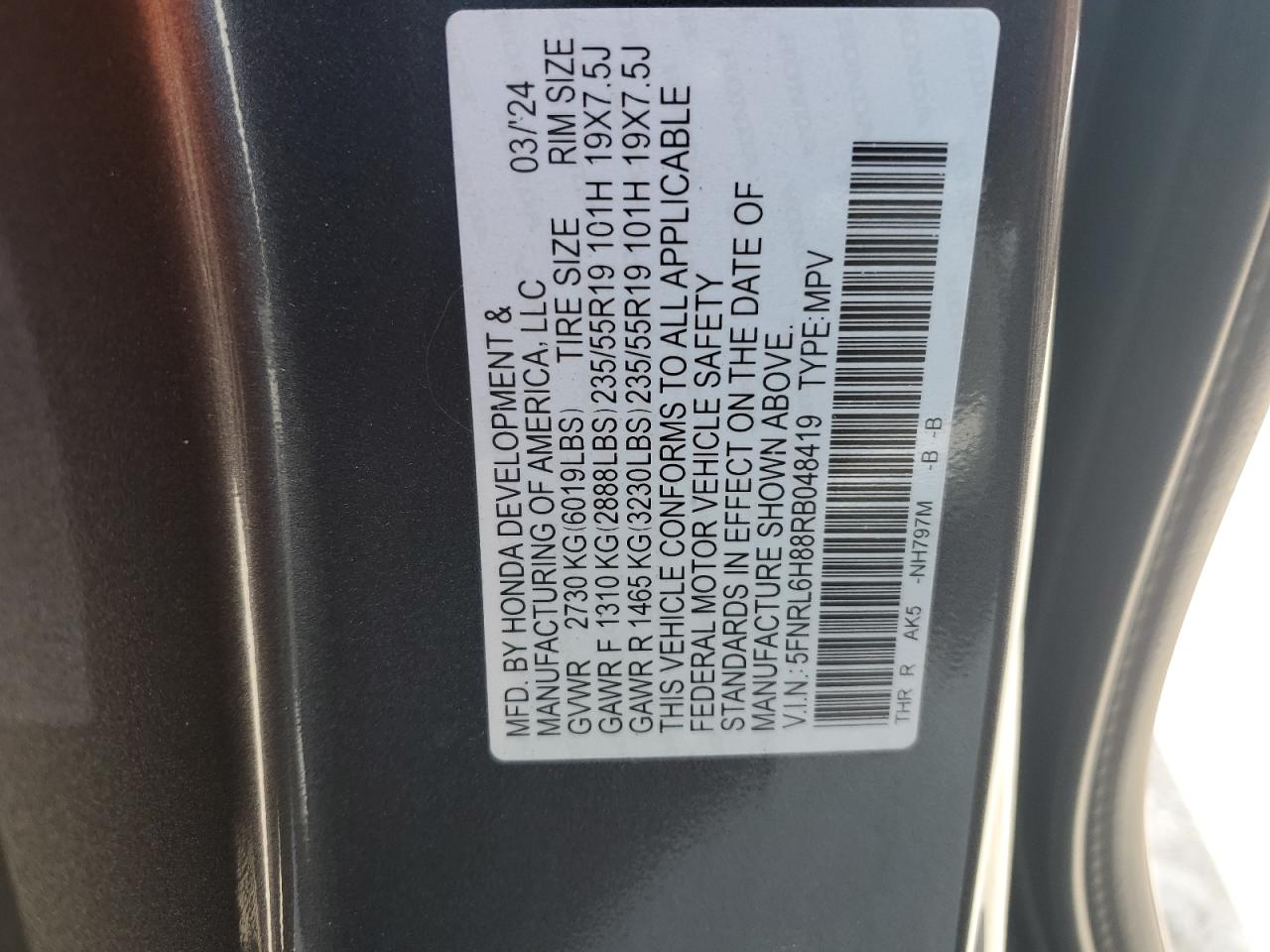 5FNRL6H88RB048419 2024 Honda Odyssey Touring