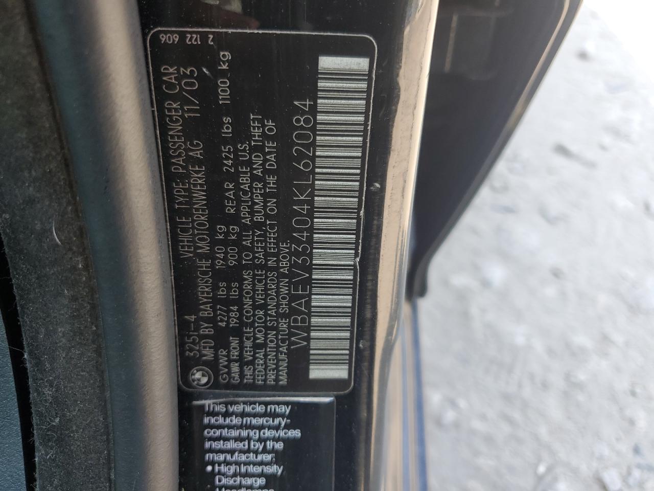 2004 BMW 325 I VIN: WBAEV33404KL62084 Lot: 65548824