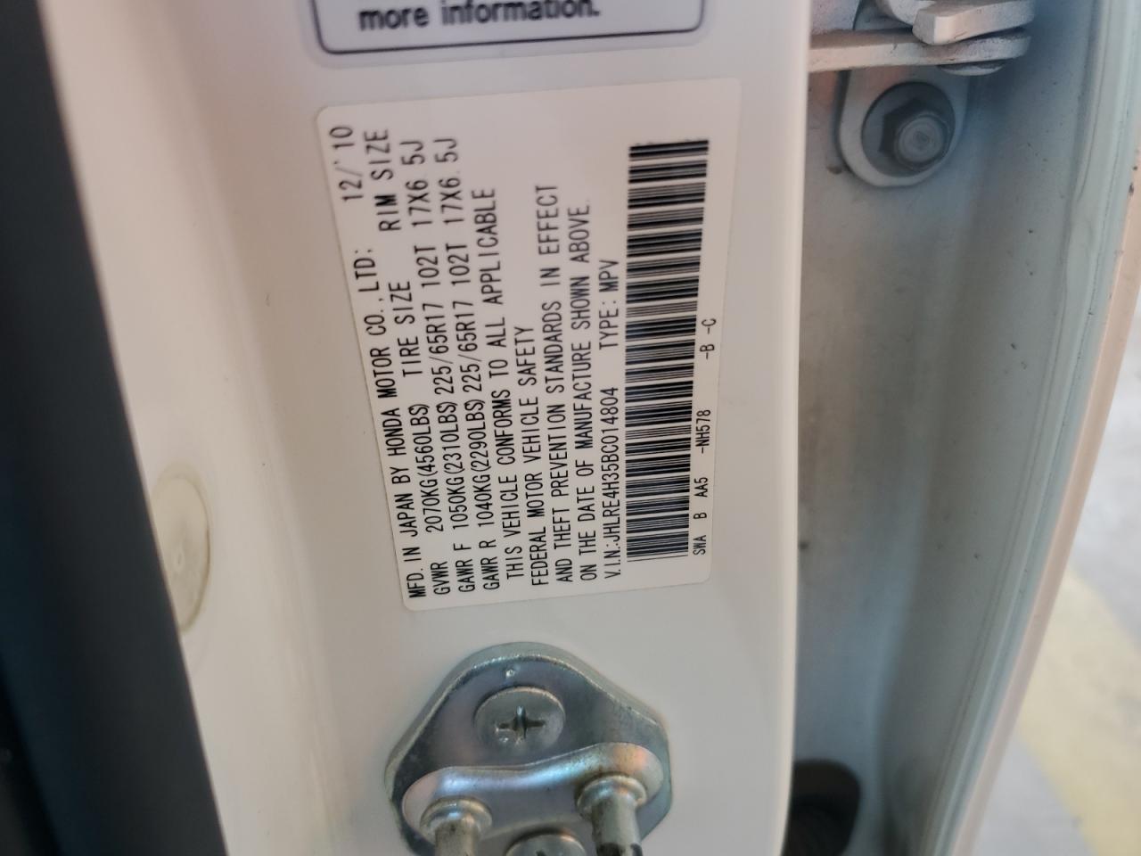 2011 Honda Cr-V Lx VIN: JHLRE4H35BC014804 Lot: 65685714