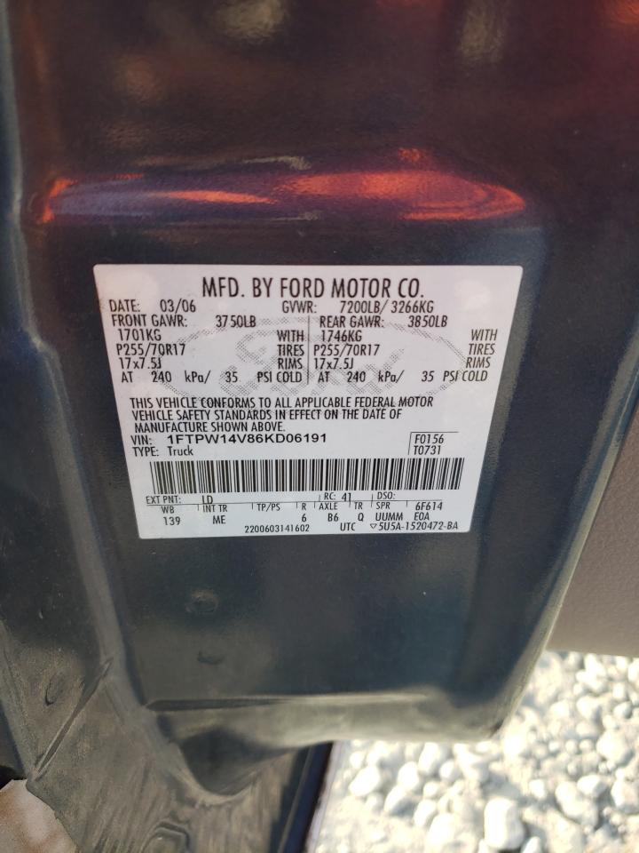 2006 Ford F150 Supercrew VIN: 1FTPW14V86KD06191 Lot: 67900494