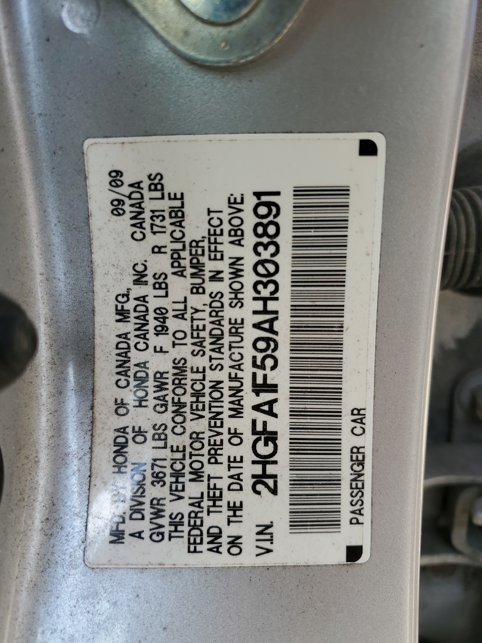 2HGFA1F59AH303891 2010 Honda Civic Lx