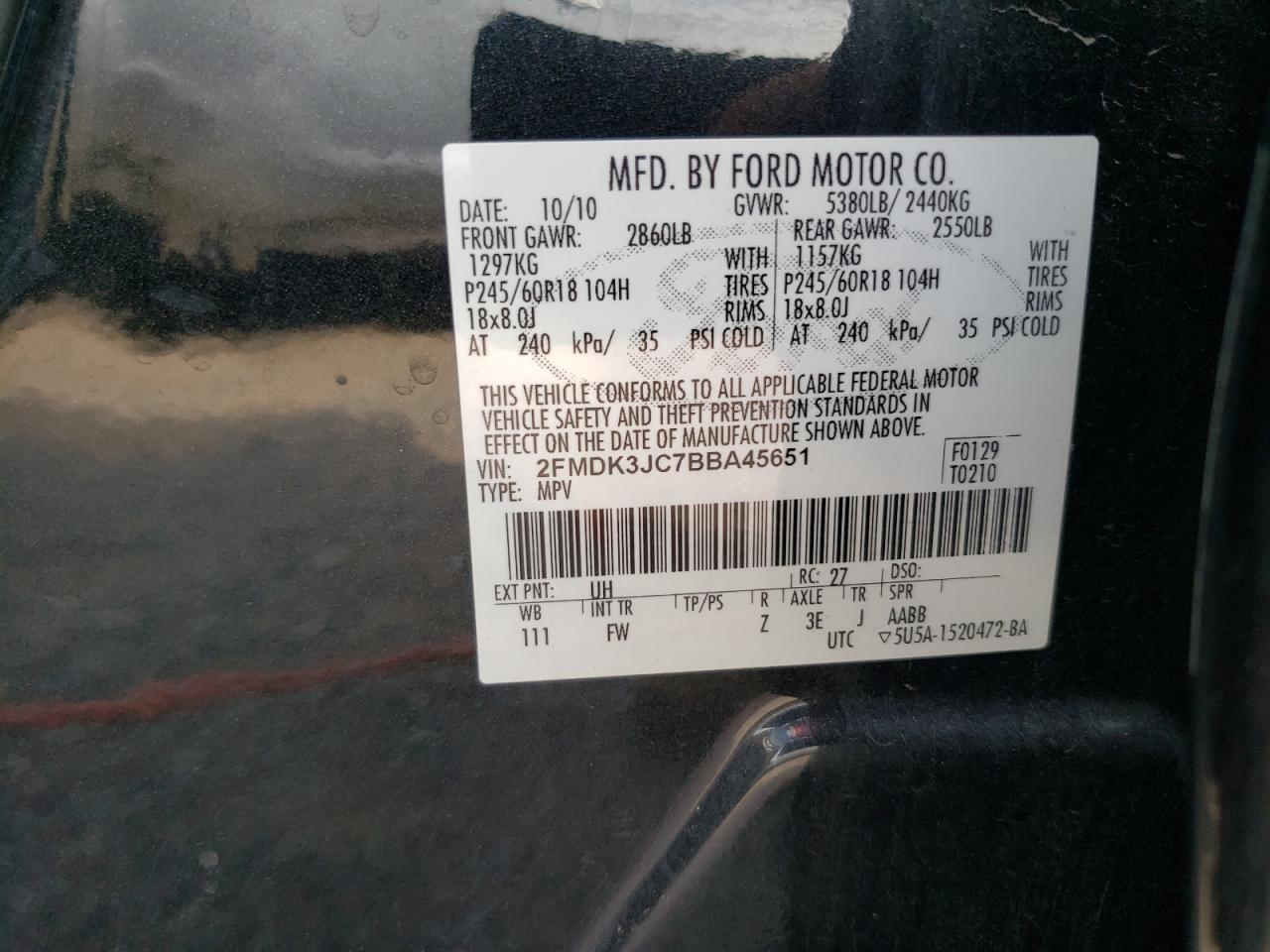 2011 Ford Edge Sel VIN: 2FMDK3JC7BBA45651 Lot: 65523344