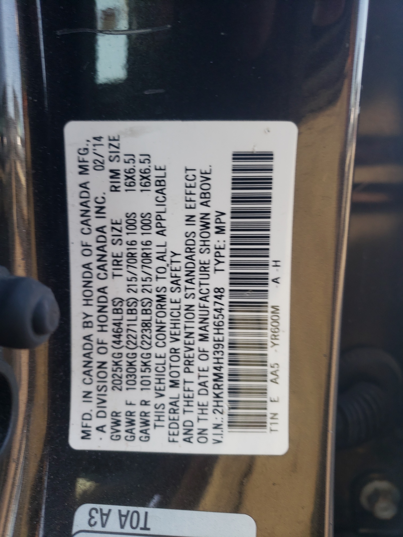 2HKRM4H39EH654748 2014 Honda Cr-V Lx