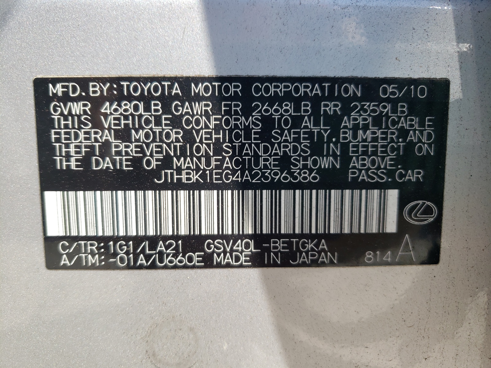 JTHBK1EG4A2396386 2010 Lexus Es 350