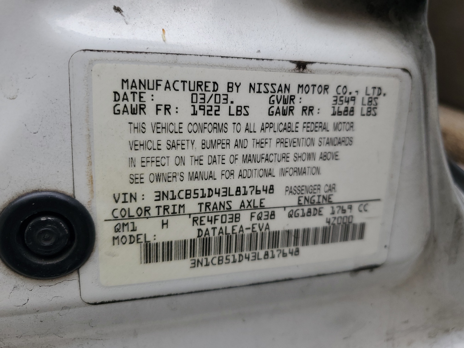3N1CB51D43L817648 2003 Nissan Sentra Xe