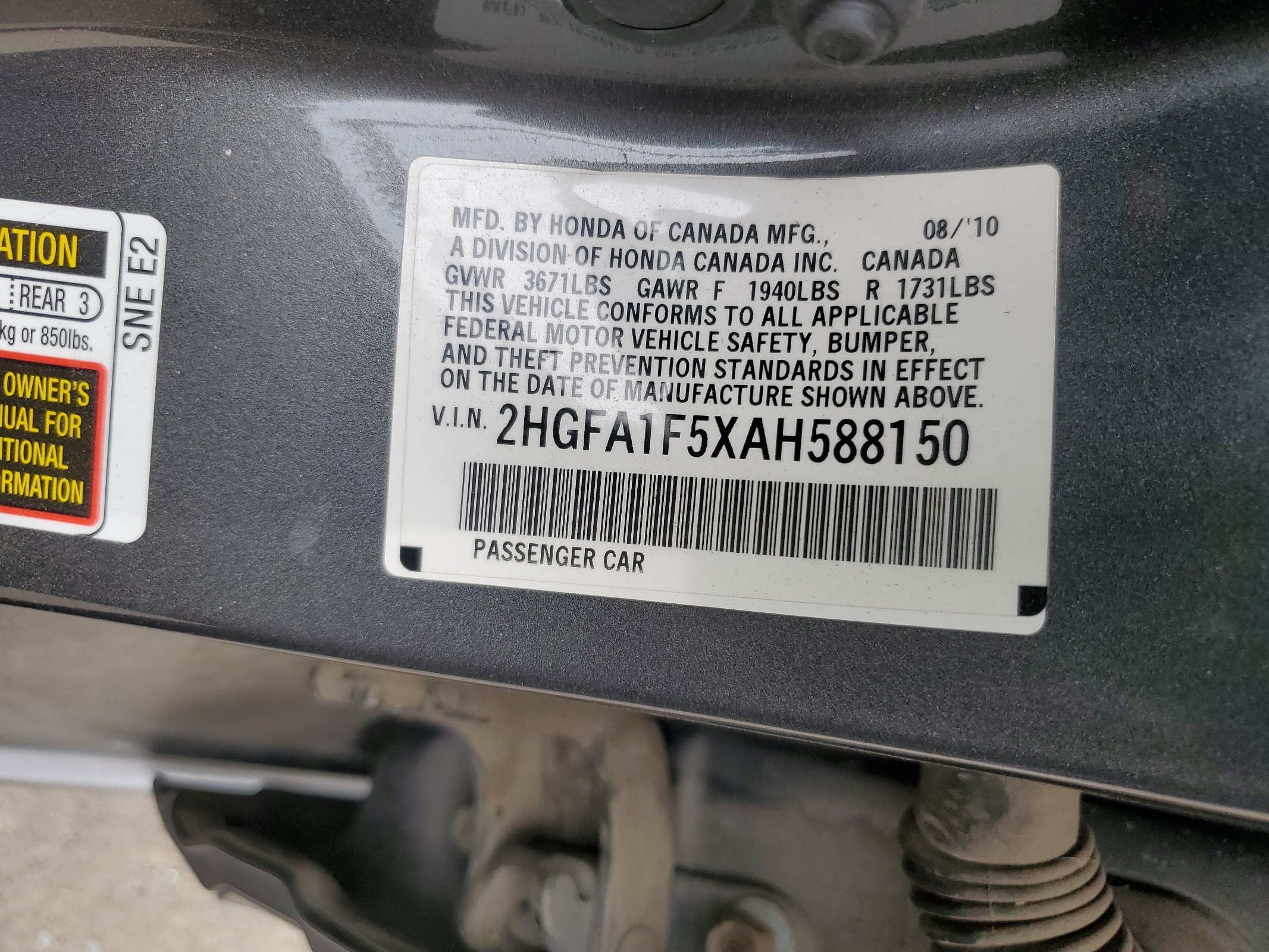 2HGFA1F5XAH588150 2010 Honda Civic Lx