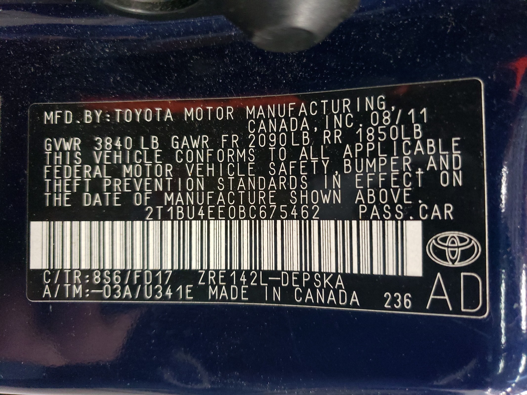 2T1BU4EE0BC675462 2011 Toyota Corolla Base