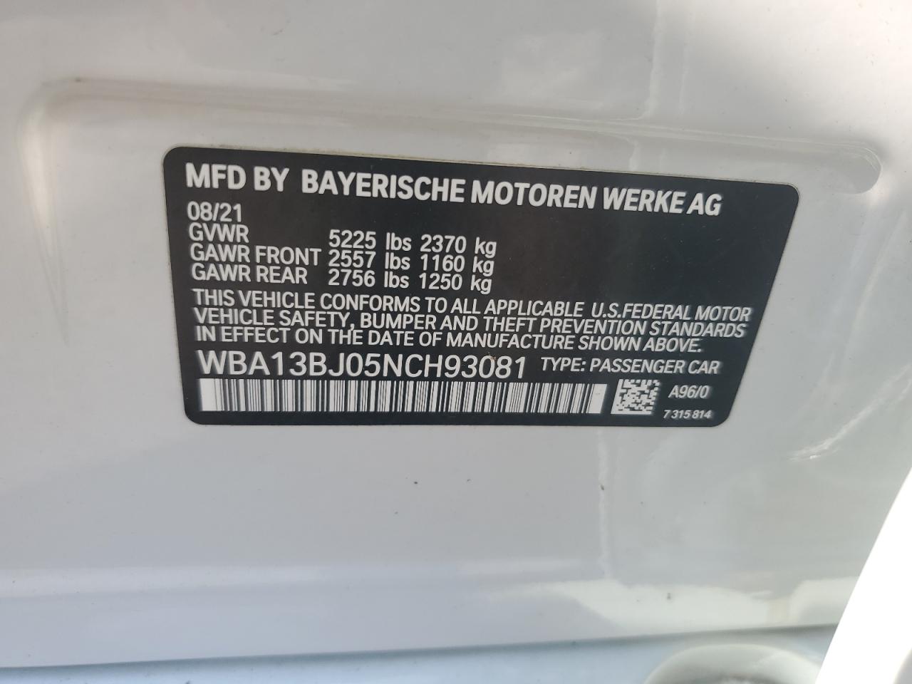 WBA13BJ05NCH93081 2022 BMW 530 Xi