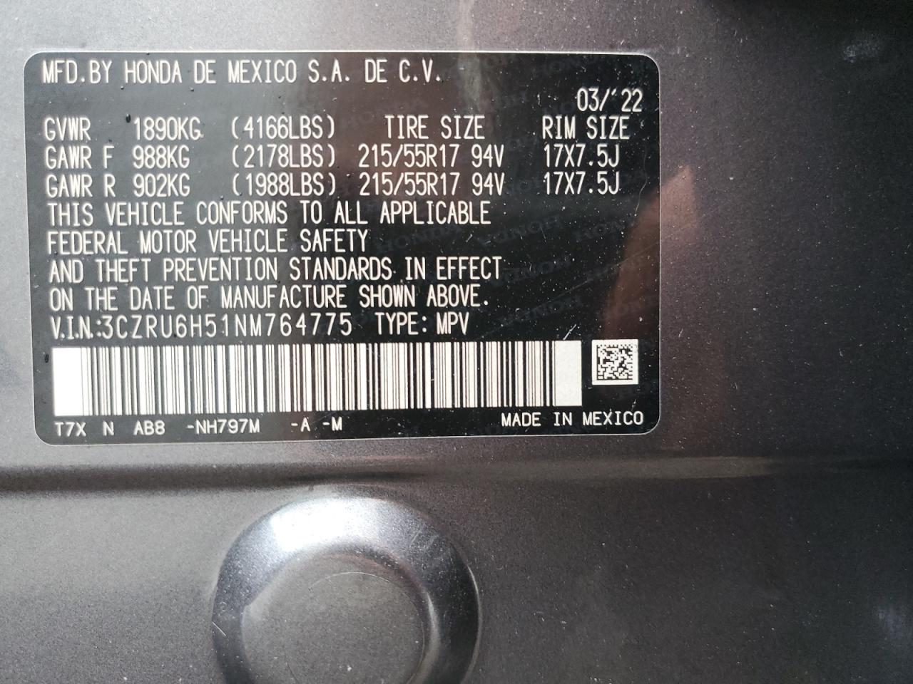 2022 Honda Hr-V Ex VIN: 3CZRU6H51NM764775 Lot: 66547314