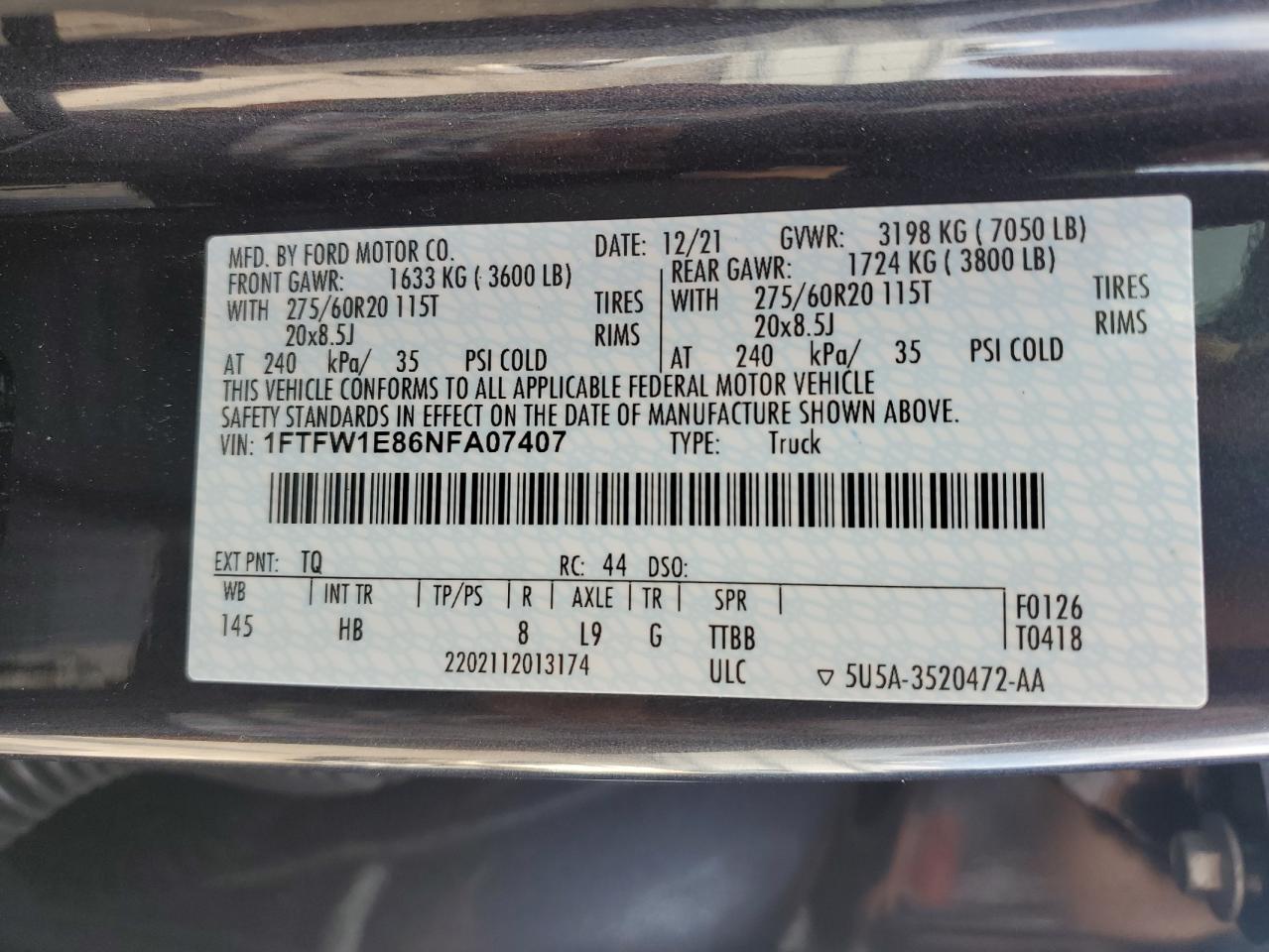 2022 Ford F150 Supercrew VIN: 1FTFW1E86NFA07407 Lot: 66946684