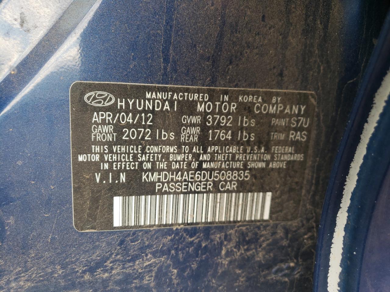 KMHDH4AE6DU508835 2013 Hyundai Elantra Gls