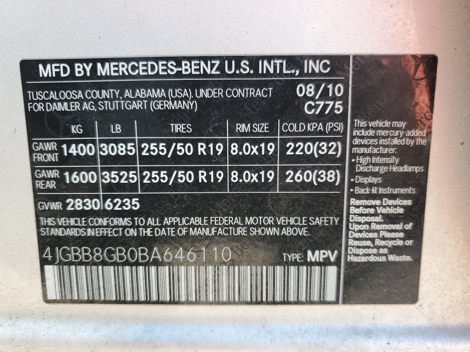 4JGBB8GB0BA646110 2011 Mercedes-Benz Ml 350 4Matic