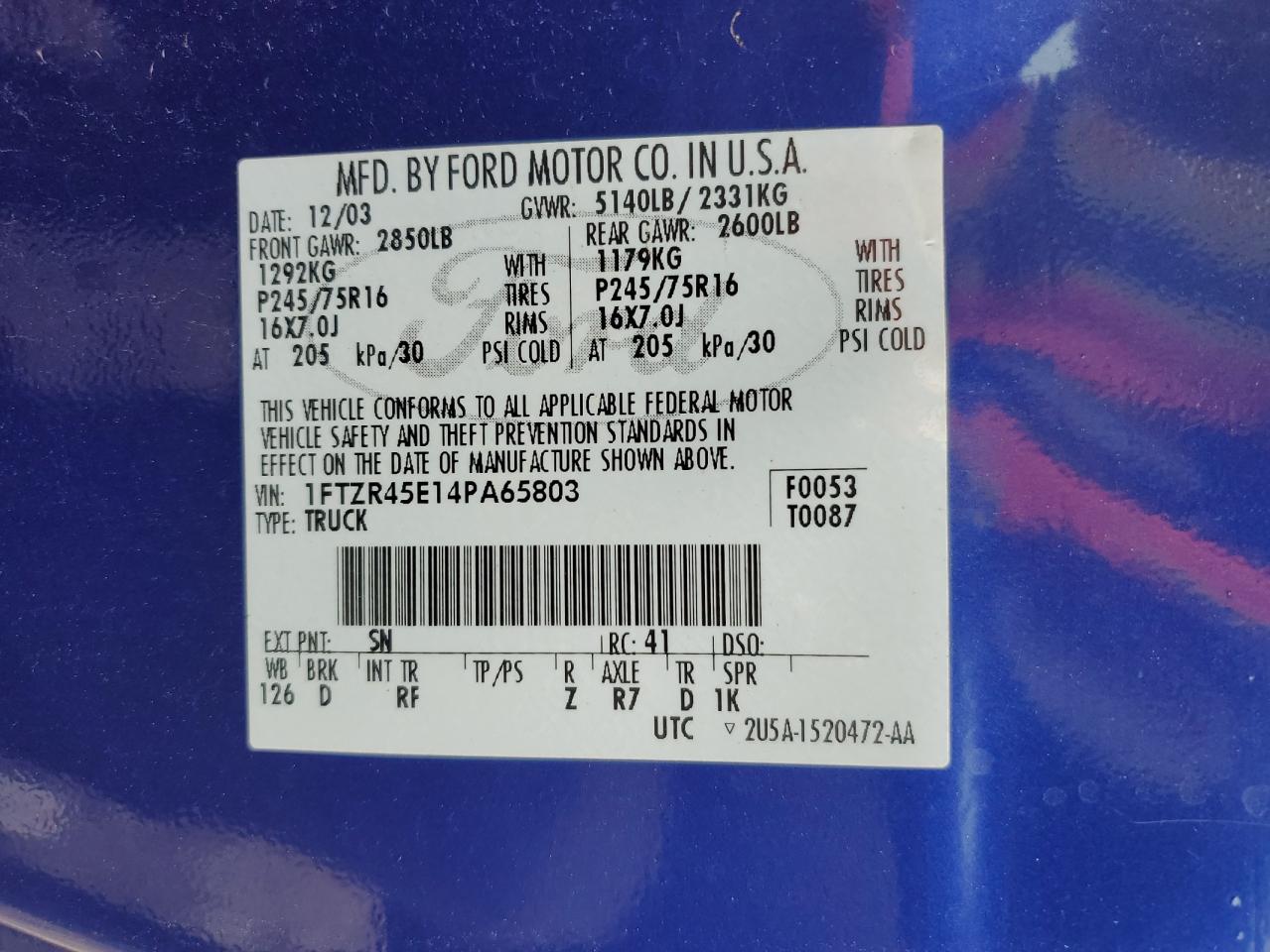 2004 Ford Ranger Super Cab VIN: 1FTZR45E14PA65803 Lot: 66164824