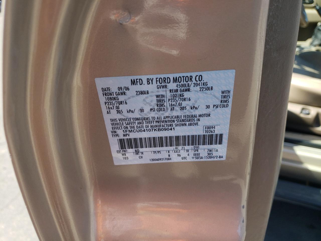 2007 Ford Escape Limited VIN: 1FMCU04107KB09041 Lot: 66438274