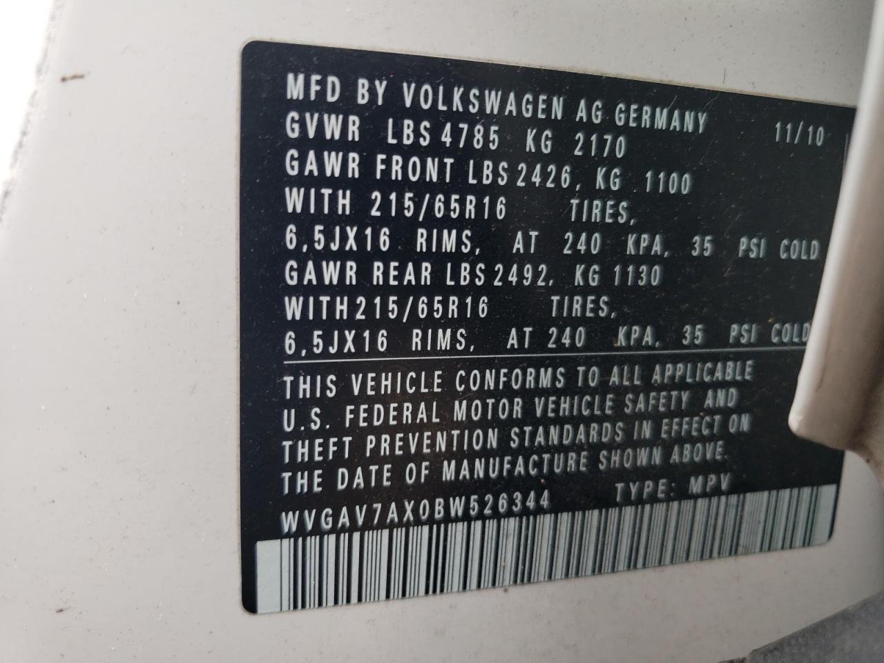 2011 Volkswagen Tiguan S VIN: WVGAV7AX0BW526344 Lot: 65714724