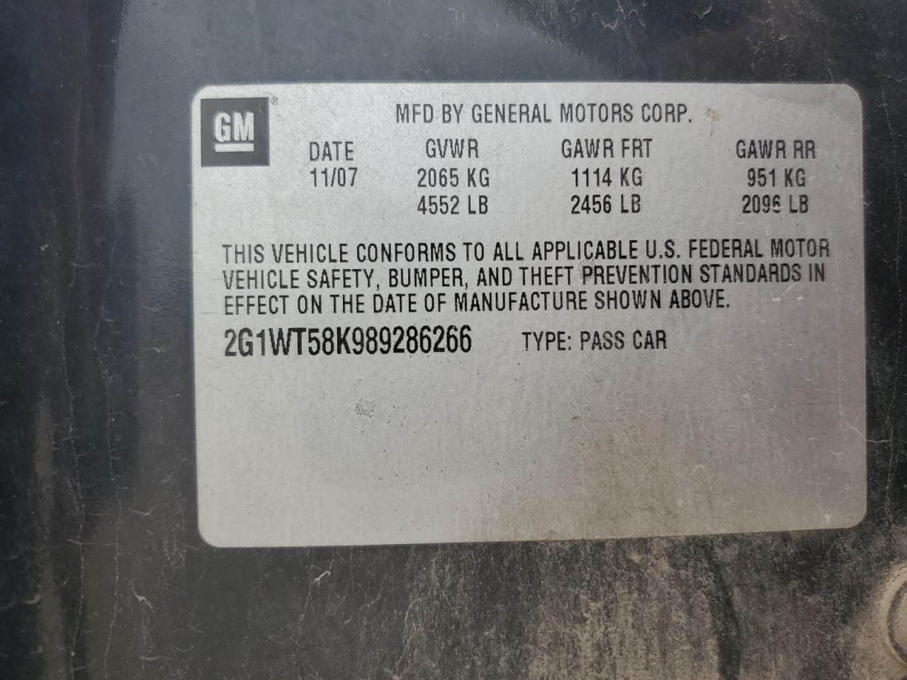 2G1WT58K989286266 2008 Chevrolet Impala Lt